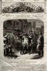 Illustration från ""The Thousand Un Fantomes""-romanen av Alexandre Dumas pere dök upp i "" The Bons Romans"" av 28/03/1865