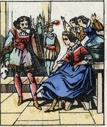 Illustration av Charles Perraults berättelse "Askungen eller den lilla glastofflan". Trästick av Imaging Pellerin - Epinal, sd. Sent 1800-tal.