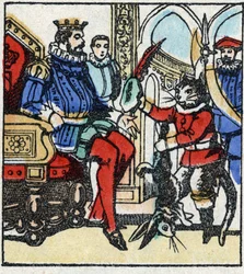 Illustration av Charles Perraults berättelse "The Cat Botte". Trästick av Imaging Pellerin - Epinal, sd. Sent 1800-tal.