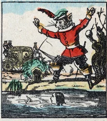 Illustration av Charles Perraults berättelse "The Cat Botte". Trästick av Imaging Pellerin - Epinal, sd. Sent 1800-tal.