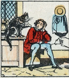 Illustration av Charles Perraults berättelse "The Cat Botte". Trästick av Imaging Pellerin - Epinal, sd. Sent 1800-tal.