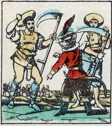 Illustration av Charles Perraults berättelse "The Cat Botte". Trästick av Imaging Pellerin - Epinal, sd. Sent 1800-tal.