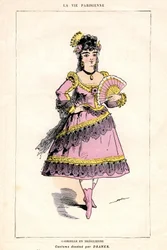 Illustration av "La Vie Parisienne", stycke och opera (opera-mat) av Jacques Offenbach på libretto av Ludovic Halevy och Henri (Henry) Meilhac, bokutgåva av Illustree Bokhandel 1875 - Gabrielle i Bresilienne: kostym tecknad av Draner (1833-1926)