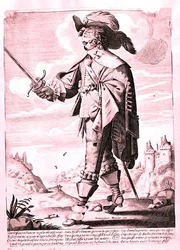 Illustration av en soldat under Ludvig XIII:s regering (1601-43) (gravyr) (s/v foto)