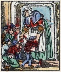 Illustration av berättelsen "" Le petit poucet "" av Charles Perrault. Trästick av Imaging Pellerin - Epinal, sd. Sent 1800-tal.