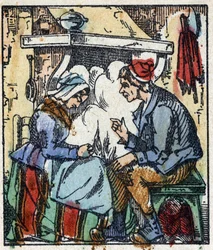 Illustration av berättelsen "" Le petit poucet "" av Charles Perrault. Trästick av Imaging Pellerin - Epinal, sd. Sent 1800-tal.
