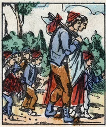 Illustration av berättelsen "" Le petit poucet "" av Charles Perrault. Trästick av Imaging Pellerin - Epinal, sd. Sent 1800-tal (gravyr)