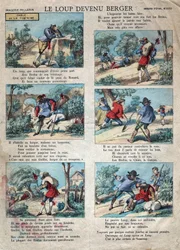 Illustration av fabeln av Jean de la Fontaine (1621-1695): vargen blev en herde. Epinal avbildning från slutet av 1800-talet.