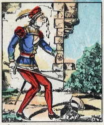 Illustration av berättelsen "The Adventures of Grand Flandrin"” Trästick från Imaging Pellerin - Epinal, sd. Sent 1800-tal.