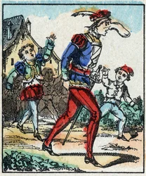 Illustration av berättelsen "The Adventures of Grand Flandrin"” Trästick från Imaging Pellerin - Epinal, sd. Sent 1800-tal.