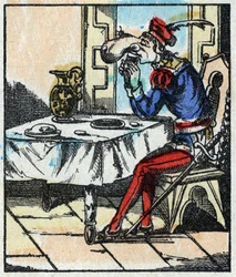Illustration av berättelsen "The Adventures of Grand Flandrin"” Trästick från Imaging Pellerin - Epinal, sd. Sent 1800-tal.