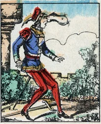Illustration av berättelsen "The Adventures of Grand Flandrin"” Trästick från Imaging Pellerin - Epinal, sd. Sent 1800-tal.