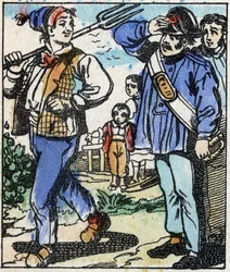 Illustration av berättelsen "" Djävulens gaffel "" Trästick från Imaging Pellerin - Epinal, sd. Sent 1800-tal.