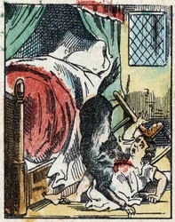 Illustration av berättelsen "Rödluvan"" av Charles Perrault. Trästick från Imaging Pellerin - Epinal, sd. Sent 1800-tal.