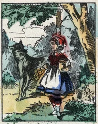 Illustration av berättelsen "Rödluvan"" av Charles Perrault. Trästick från Imaging Pellerin - Epinal, sd. Sent 1800-tal.