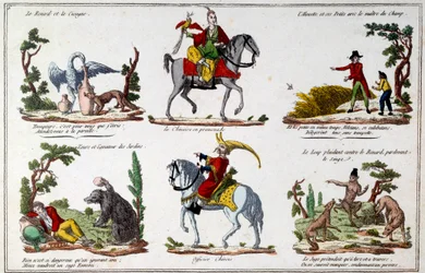Illustrationsplatta för fablerna av Jean de La Fontaine (1621-1695): räven och storken, kinesen som går, björnen och trädgårdsälskaren, den kinesiske officeren. Gravyr