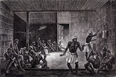 Illustration publicerad i 1862 års upplaga av "Le Tour du monde" som visar en session av exorcism som praktiseras av dayakerna på ön Borneo. Gravyr.
