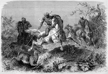 Illustration publicerad i upplagan av "" Le Tour du monde"" från 1870 - 1871 föreställande en dyakjakt på ön Borneo. Gravyr.