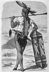 Illustration publicerad i upplagan av "Le Tour du monde" från 1870 - 1871 föreställande en dayak (ursprungsbefolkning) på ön Borneo. Gravyr.