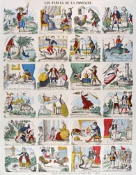 Illustrationer till fabler av Jean de La Fontaine (1621-95) bildspel Gangel och P. Didion i Metz (färgstick)