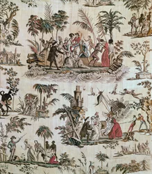 Illustrationer av incidenter från romanen Paul et Virginie, Toile de Nantes, ca 1800 (tryckt bomull)