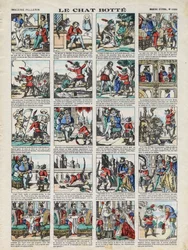 Bilder på Epinal från Maison Pellerin - ca. 1913 - Illustration av Charles Perraults berättelse "Kattstöveln"