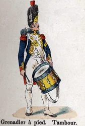 Imperial Guard Napoleon I: Grenadier till fots - Trumma. Tallrik från boken Les Uniformes de l