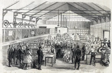 Imponera Eugenie och Imperial Prince besöker Banque de France, 23 juni 1866 - tryckning av sedlar - gravyr i Le MONDE Illustrous DU 07/07/1866