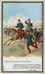 I min familj tar vi inte ett steg tillbaka! Hertigen av Aumales svar till hans generalstab som rådde till försiktighet när han tog smala (smalah) av Abd el Kader (Abd El-Kader) den 16 maj 1843. Kromolitografi av 1800-talet.