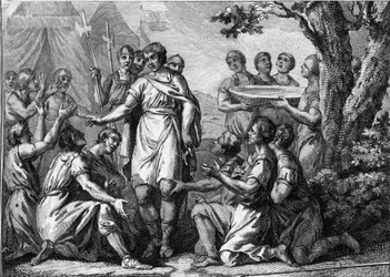 Faramunds trontillträde (5:e århundradet): kröningen av frankernas kung Faramund (eller Pharamun eller Faramund eller Paramund). Gravyr från 1700-talet.