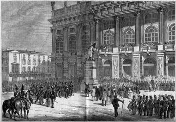 Invigning av det sardiska monumentet av Vincenzo Vela (1820-1891), på Chateau Square i Turin (Italien) den 10 april 1859. Bakom statyn finns "Palazzo Madama". Baserat på Mr. Ferrys skisser. Gravyr i "" Le Monde Illustré"" nr 106 av 23 april 18