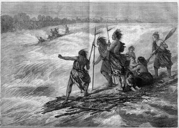 Indianer i Kanada, stående på trädgrenar fästa ihop, nedför Long Sault Rapids på St. Lawrence River
