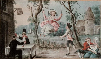 Värdshusskylt målat för en krog som föreställer de återförenade tre orden, omkring 1789 (olja på trä)