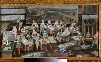 Inuti en spelkortsfabrik i ett Place Dauphine-hus i Paris De olika stadierna av korttillverkning och försäljning beskrivs. Målning av Franska skolan. 1680 runt Paris, Musee Carnavalet
