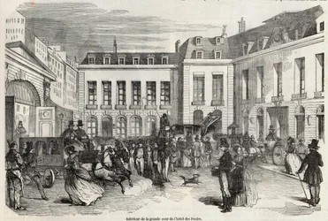 Interiör av den stora innergården på Hôtel des Postes i Paris - Gravyr i "Tableau-de-Paris" av Edmond Texier 1852