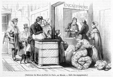 Interiör av Mont-de-Piété i Paris, vid Marais: förlovningssal - i "Le Magasin picturesque" nr 6 från juni 1842
