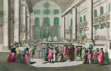 Interiör av en synagoga under Purimfestivalen
