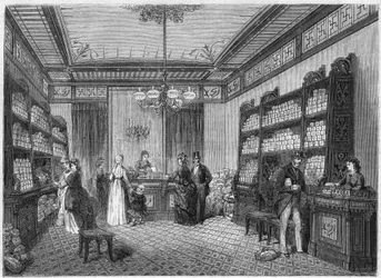 Invändig vy av kaféet "Compagnie du Moka-Zanzibar", beläget i Paris på 47, rue Vivienne. Gravyr i "" Le Monde Illustré"" nr 808 den 5 oktober