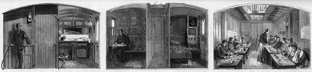 Invändig bild av läkarvagnen och matsalsvagnen på ett läkartåg från det franska Societe de secours aux weses militaires. Gravyr i "" Le Monde Illustré"" nr 846 av 28 juni 1873.