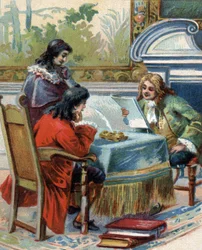 Intervju av Gottfried Wilhelm Leibniz (1646-1716), tysk filosof med Jacques-Benigne (Jacques Benigne) Bossuet (1627-1704), fransk teolog och författare. kromolitografi.