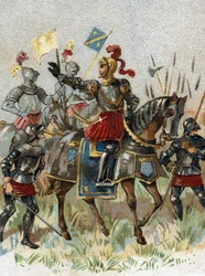 Italienska krig: Ludvig XII (1462-1515), kung av Frankrike, vid slaget vid Agnadel (Milano) i Italien den 14 maj 1509. Kromolitografi.