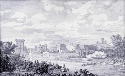 Italienska landsbygden: den franska armén passerade floden Mincio till Borghetto 1796. Anonym teckning. Paris, Louvren