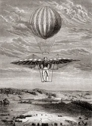 Jacob Degens ornitopter från 1808 med klaffventiler, där piloten stod på en stel ram och manövrerade vingarna med en rörlig horisontell stång, från "Les Merveilles de la Science", publicerad ca 1870 (litografi)