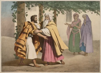 Jacob med Laban och hans döttrar, illustration från en katekes LHistoire Sainte, utgiven av Charles Delagrave, Paris, sent 1800-tal