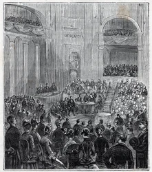 Jacques Babinet (1794 - 1872), fransk fysiker och astronom vid det högtidliga mötet mellan de fem akademierna 1840 - Gravyr i "Vetenskapen förde till alla - fysik och kemi" av Alexis Clerc - Slutet av 1800-talet. Privat samling.