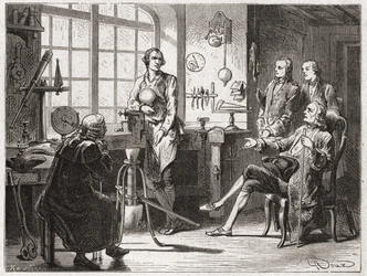 James Watt (uppfinnaren av ångmaskinen 1769) i sin butik i Glascow - i "" Album of Science; berömda vetenskapsmän; Stora upptäckter””” 1896.