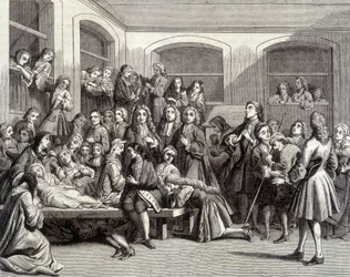 Jansenism: konvulsionerna på kyrkogården Saint-Médard på diakonen Parîs (1690 - 1727) grav där "mirakel" inträffade. 1700-talstryck.
