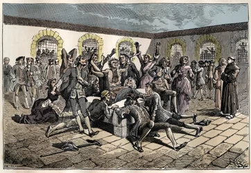 Jansenist konvulsionär (eller Saint Medard) (Konvulsioners verk) på 1700-talet: "" de sjuka och handikappade går till kyrkogården i saint-medard (där diakonen Francois Paris grav är belägen) för att på ett mirakulöst sätt vara gueris" (Konvulsionsövningar 