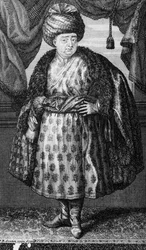 Jean-Baptiste Tavernier, tryck gjort av J.B. Scotin, frontispice till The Six Voyages of Jean-Baptiste Tavernier av Jean-Baptiste Tavernier, publicerad 1713