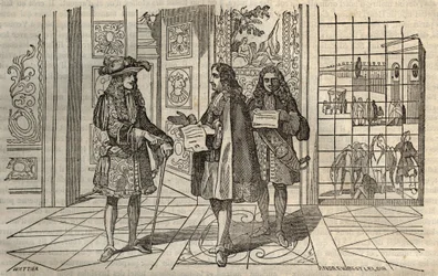 Jean Baptiste Colbert (Jean-Baptiste) (1619-1683) i möte med kung Ludvig XIV och Francois Louvois (1641-1691) i Versailles - gravyr efter Leclerc -